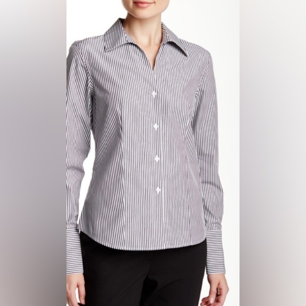 Calvin Klein Career Chic Stripe Long Sleeve Non Iron Blouse Navy Grey Size 14